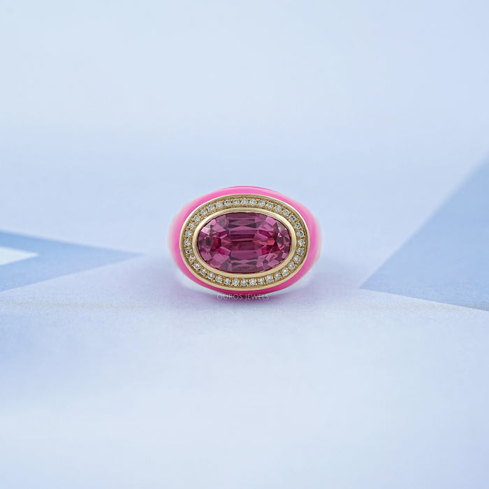 front view of east-west oval lab diamond pink topaz enamel cocktail ring