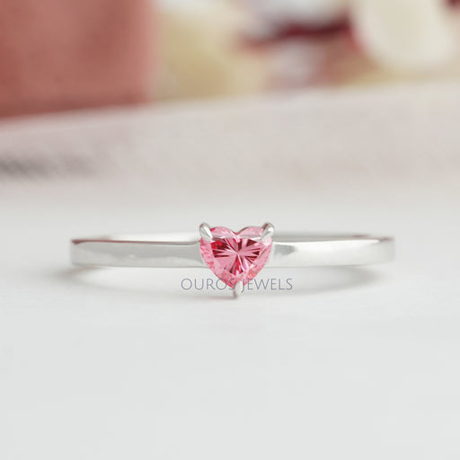 front view of pink heart shape lab diamond engagement ring