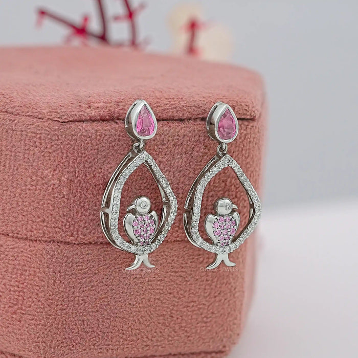 Bezel Set Pink Pear Cut Gemstone Dangle Bird Earrings