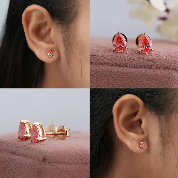 Pink Pear Cut Lab Diamond  Solitaire  Stud Earrings