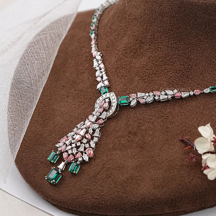 Green Emerald & Pink Pear Diamond Wedding Necklace