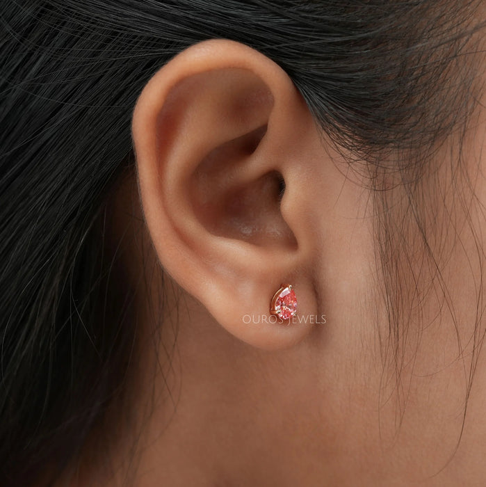 Pink Pear Cut Lab Diamond  Solitaire  Stud Earrings