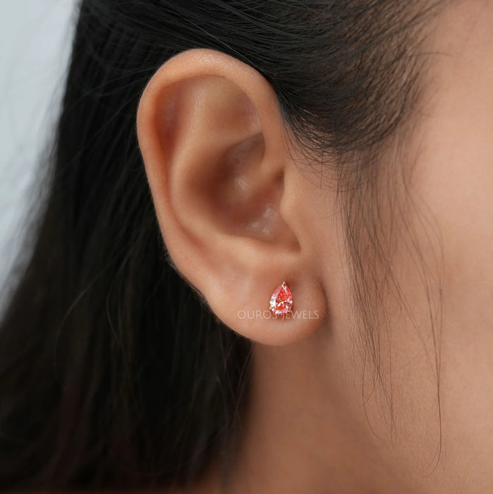 Pink Pear Cut Lab Diamond  Solitaire  Stud Earrings