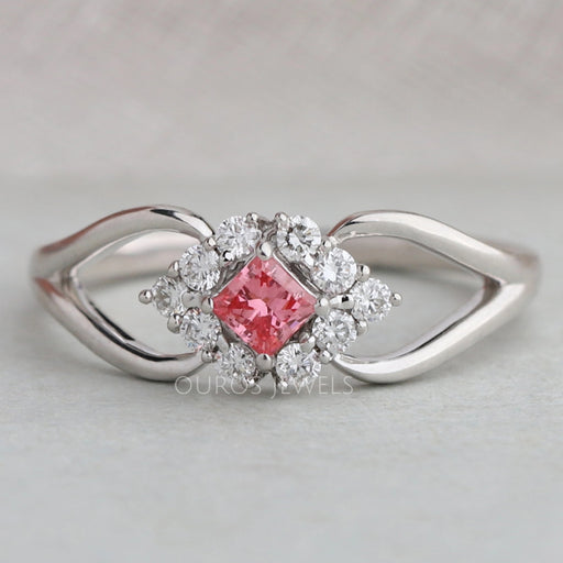 front view of pink princess-cut lab diamond halo split shank engagement ring