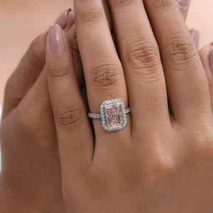 Fancy Pink Radiant Cut Halo Diamond Ring