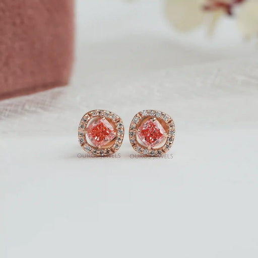 [Pink Cushion Cut Halo Earrings]-[Ouros Jewels]