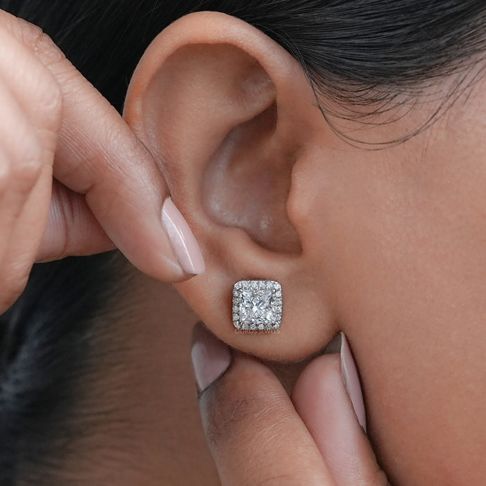 Lab Princess Diamond Halo Stud Earrings