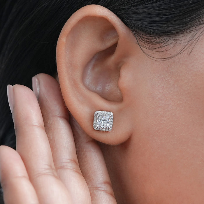 Lab Princess Diamond Halo Stud Earrings