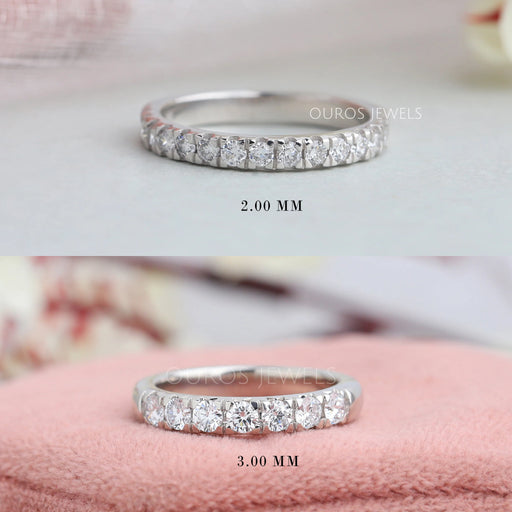 front view of round lab grown diamond half eternity wedding band