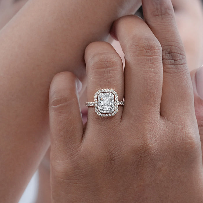 Radiant Cut Double Halo Solitaire Accent Engagement Ring