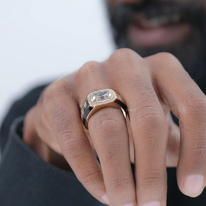 east west radiant cut lab diamond halo men's engagement ring in finger