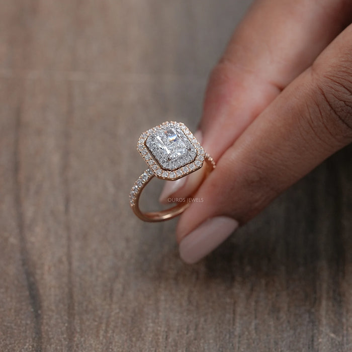 Radiant Cut Double Halo Solitaire Accent Engagement Ring