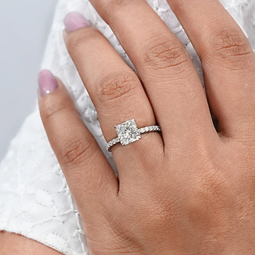 square radiant-cut lab-grown diamond solitaire accent wedding ring in finger