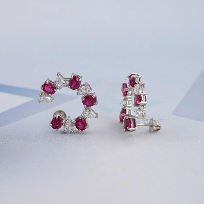 Pear and Red Oval Diamond Stud Earring