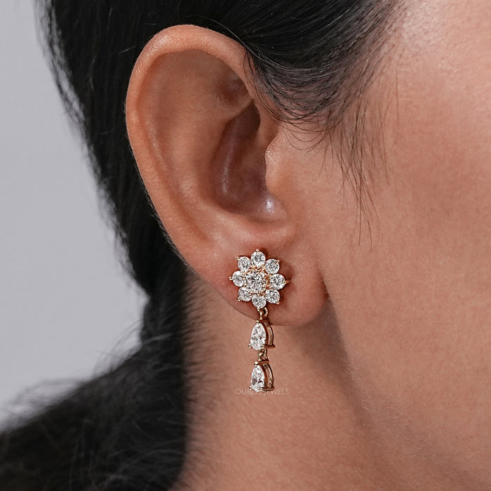 round and pear diamond drop earrings