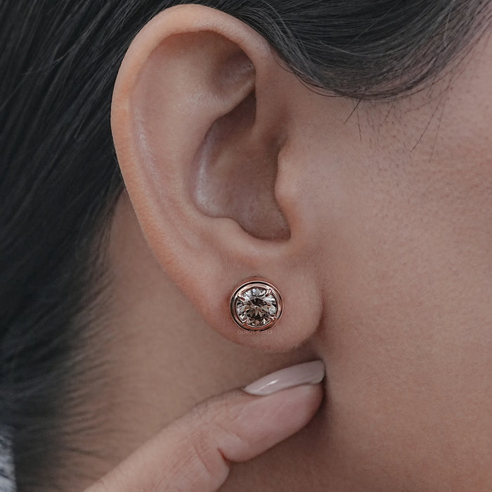 Champagne Round Diamond Bezel Set Stud Earring