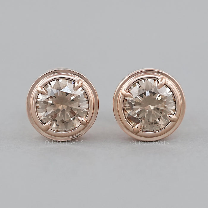 Champagne Round Diamond Bezel Set Stud Earring