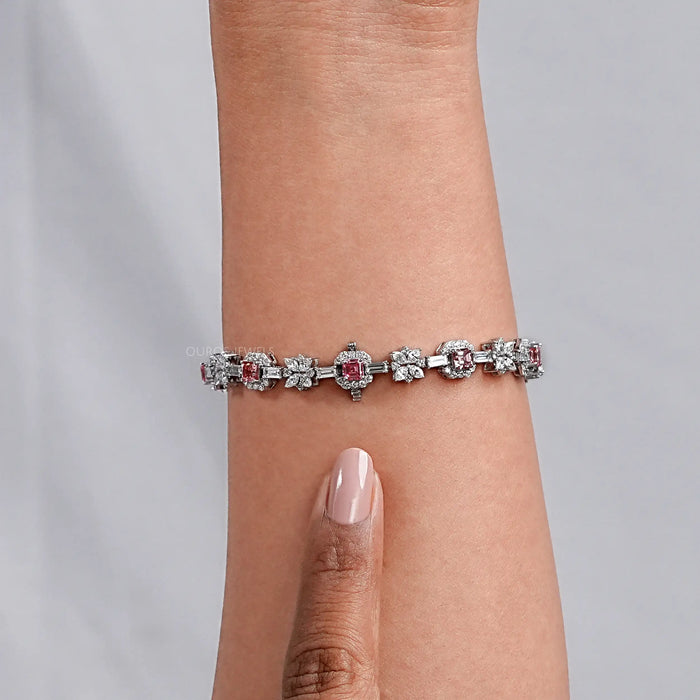 Flower And Pink Asscher Diamond Tennis Bracelet