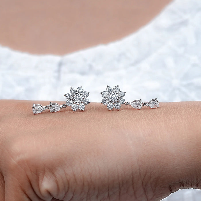 Runder Diamant Halo-Blumen Tropfen Ohrringe