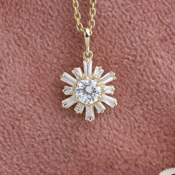 Tapered Baguette And Round Cluster Diamond Necklace