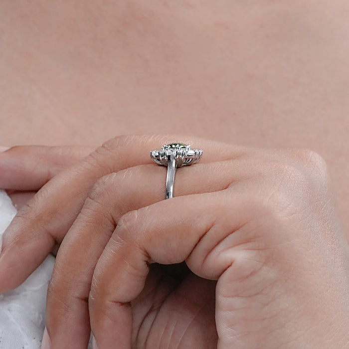 Green Cushion Diamond Halo Engagement Ring