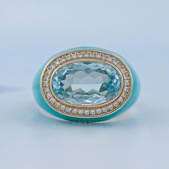 front view of east-west oval lab diamond blue topaz enamel cocktail ring