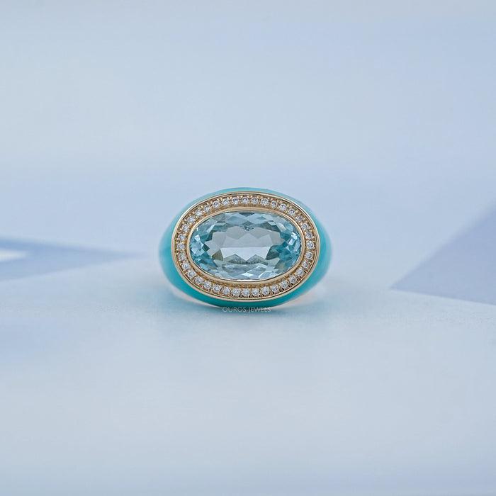 Blue Topaz East West Oval With Enamel Cocktail Ring