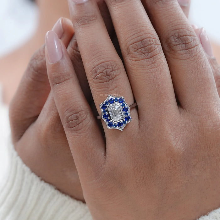 Bezel Set Old Mine Emerald Diamond Halo Gemstone Ring