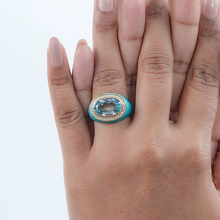 Blue Topaz East West Oval With Enamel Cocktail Ring