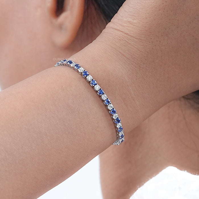 Sapphire Round Gemstone And Lab Diamond Tennis Bracelet