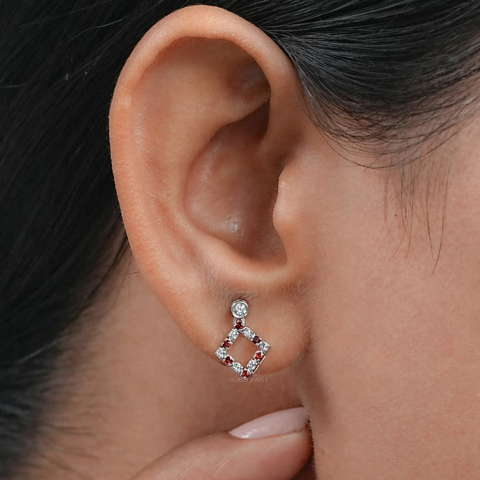 Bezel Set Round Ruby Gemstone Accent Drop Earrings