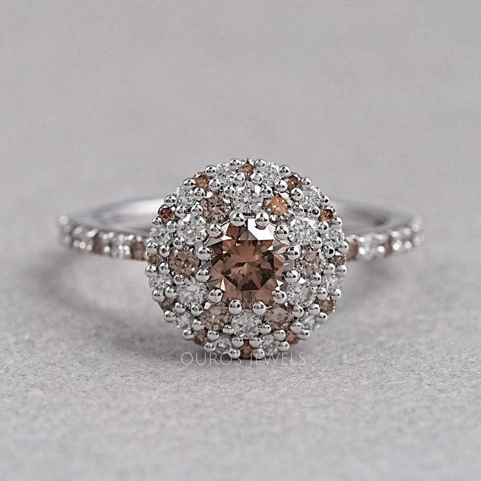 Round Shape Cluster Brown Diamond Engagement Ring