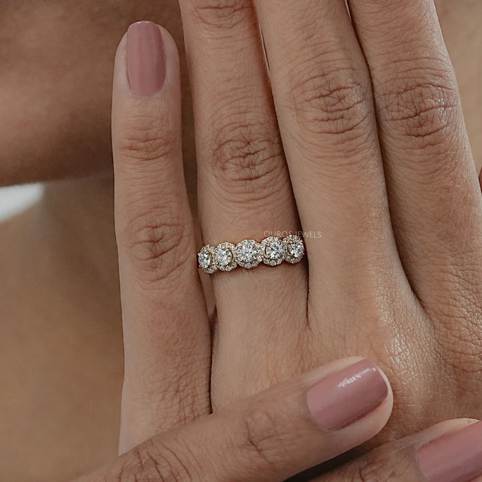 Five Stone Halo Round Diamond Wedding Band