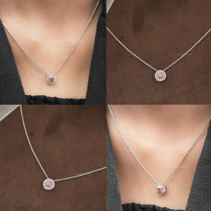 Pink Round Cut Diamond Halo Pendant