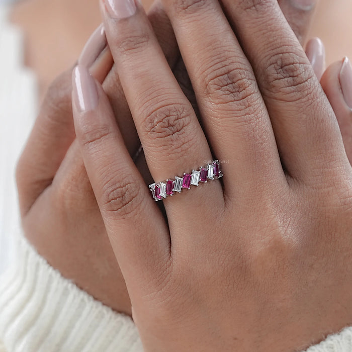 Ruby Baguette Gemstone Half Eternity Wedding Band