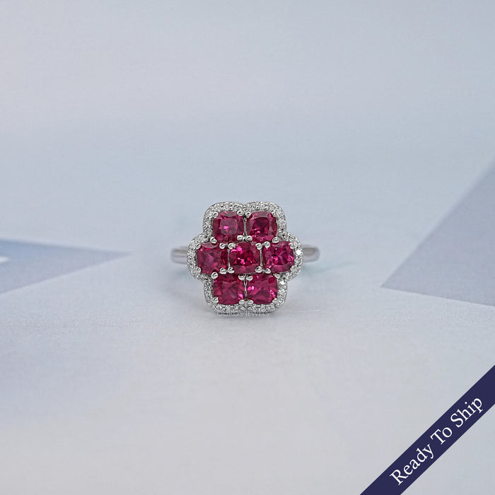 Ruby Cushion Gemstone Floral Halo Ring