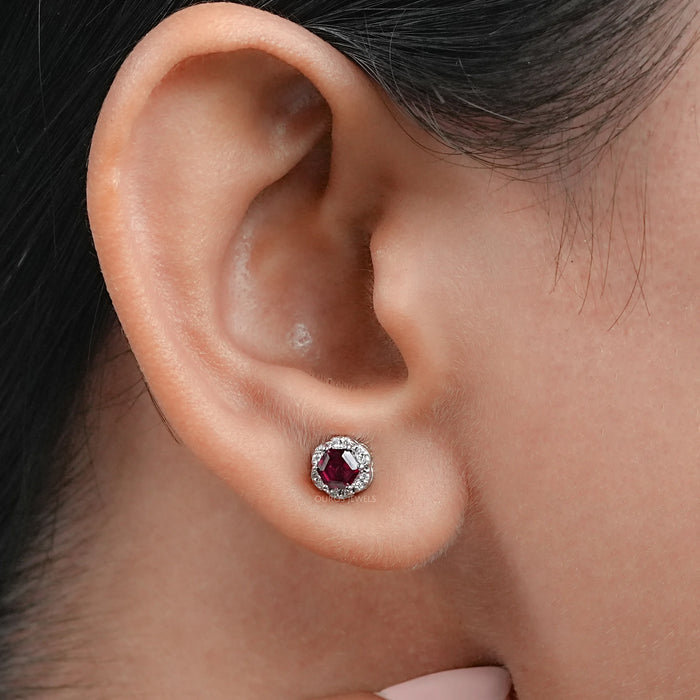 Hexagon Cut Red Ruby Gemstone Halo Stud Earrings