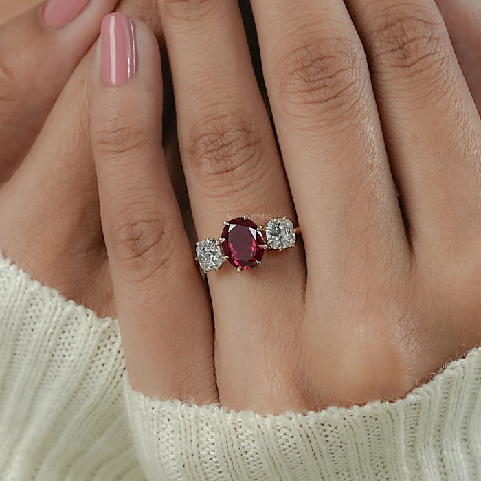 Three Stone Ruby Oval Gemstone Engagement Ring