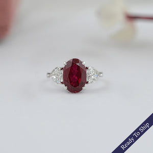 3 Stone Oval Ruby Lab Gemstone Ring