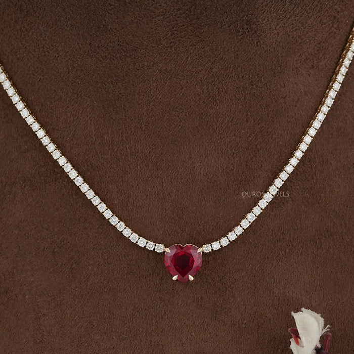 Ruby Heart And Round Diamond Tennis Necklace