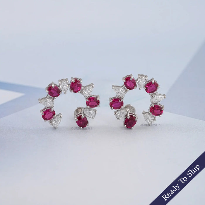 Ruby Oval And Pear Diamond Earrings