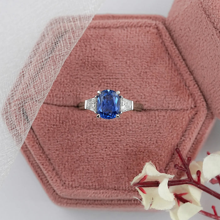 Cushion Sapphire Gemstone With Trapezoid Diamond  Ring