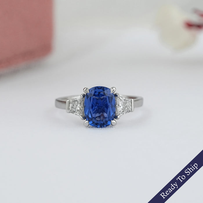 Cushion Sapphire Gemstone With Trapezoid Diamond  Ring