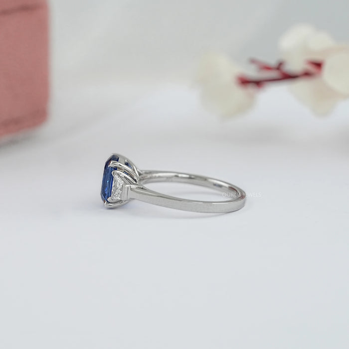 Cushion Sapphire Gemstone With Trapezoid Diamond  Ring