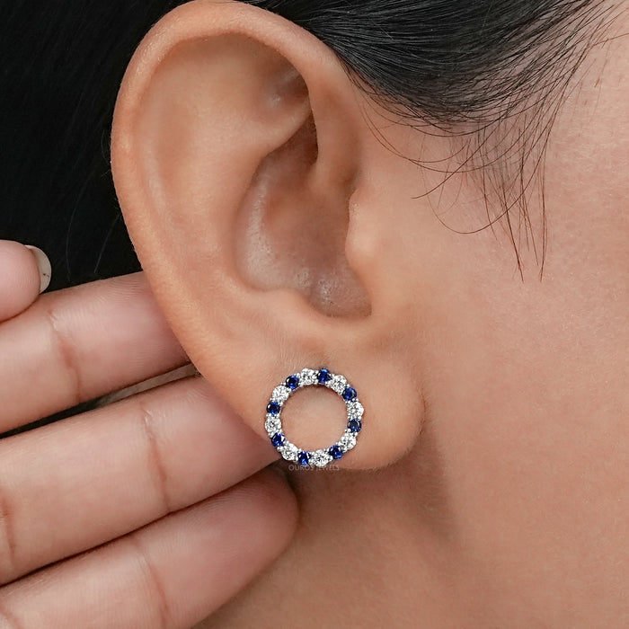 Blue Sapphire Gemstone Circle Stud Earrings