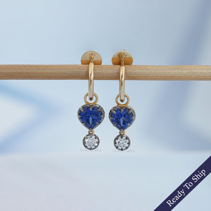 Sapphire Heart And Round Cut Black Coating Huggie Drop Earrings