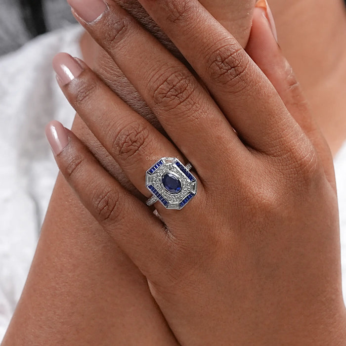 Blue Oval And Baguette Cut GemStone Engagement Ring