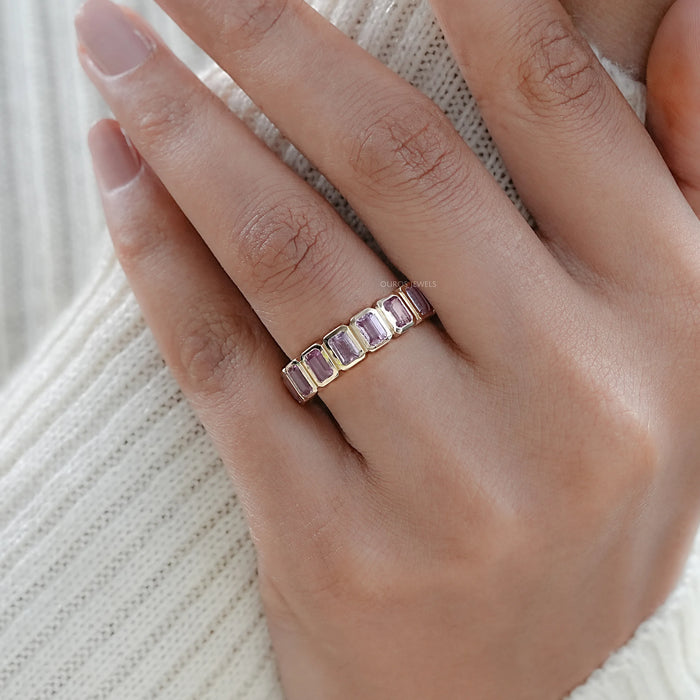 Sapphire Pink Emerald Cut Bezel Set Eternity Wedding Band