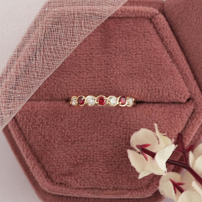 Red Gemstone Round Cut Lab Diamond Half Eternity Band