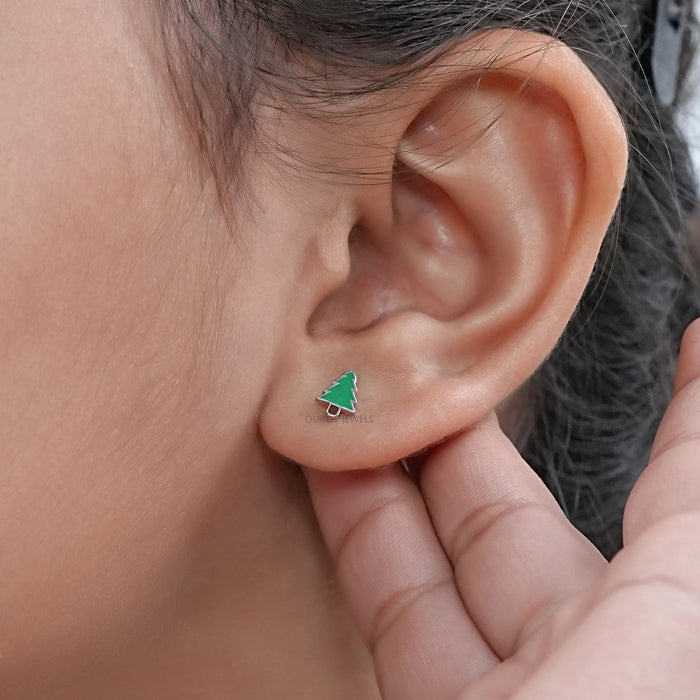 Green Enamel Christmas Tree Earrings For Kids